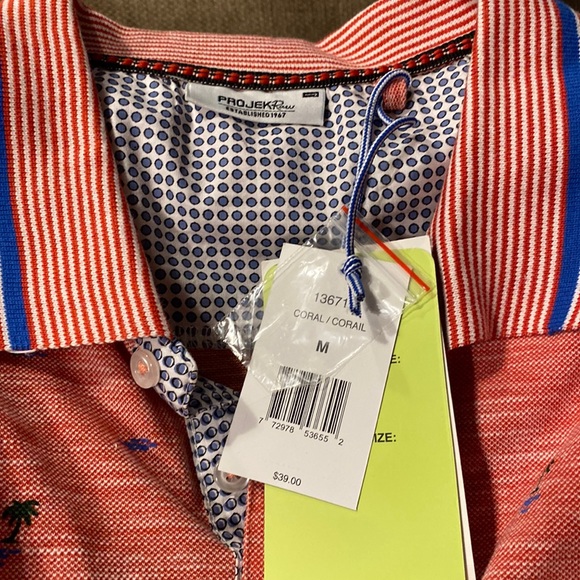 PROJEKRAW polo golf shirt coral almond palm trees stripe collar M NWT PROJEK RAW - Picture 2 of 4